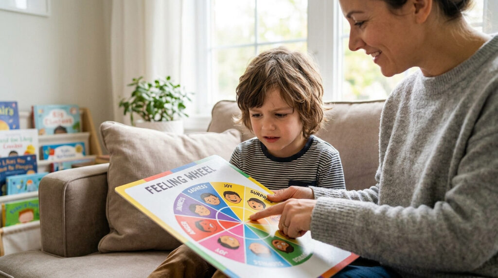 Une mère montre une roue des émotions colorée à son jeune fils sur un canapé pour l'aider à identifier ses sentiments.