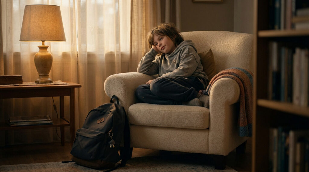 Un enfant fatigué, assis dans un fauteuil, le visage appuyé sur sa main, après sa journée d'école.