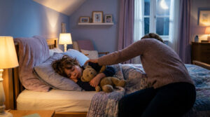 Une mère rassure son enfant endormi avec son ours en peluche dans une chambre à coucher chaleureuse le soir.