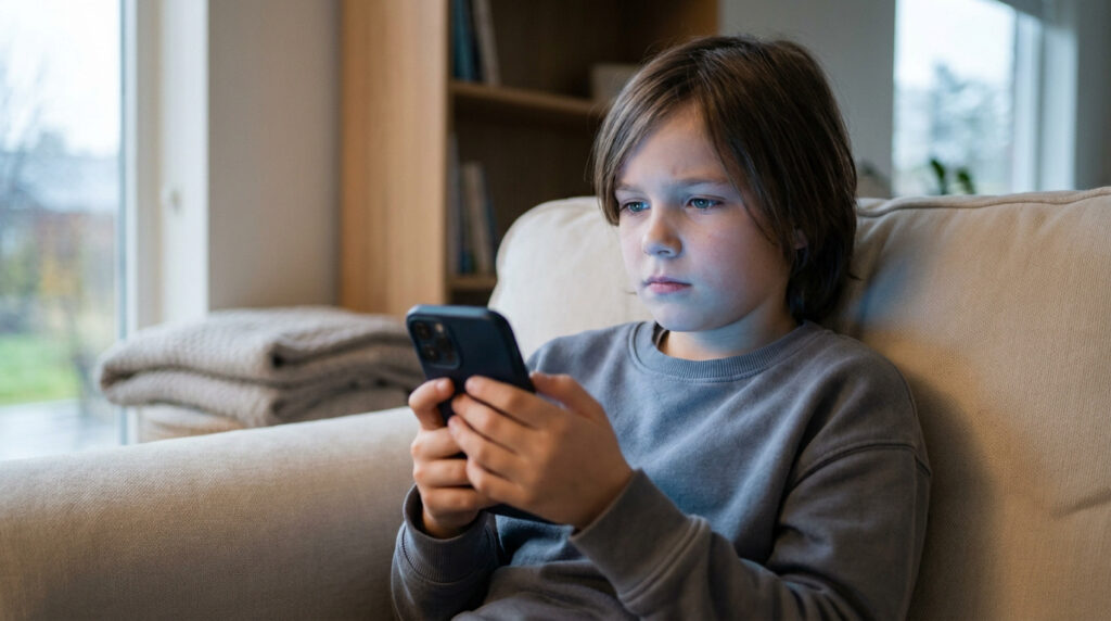 Un jeune enfant assis sur un canapé, absorbé par l'écran de son smartphone, le visage éclairé par la lumière bleue.