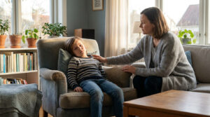 Une mère réconforte son jeune fils fatigué assis dans un fauteuil après l'école.